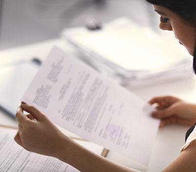 A woman reviewing documents while sitting at a desk