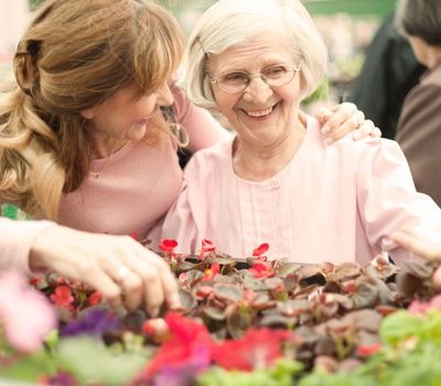 Two women picking flowers in a garden