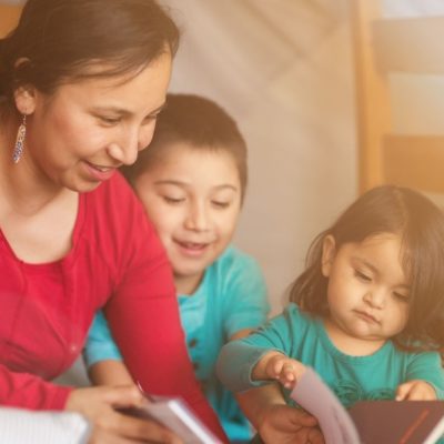 A mother and two children looking a books