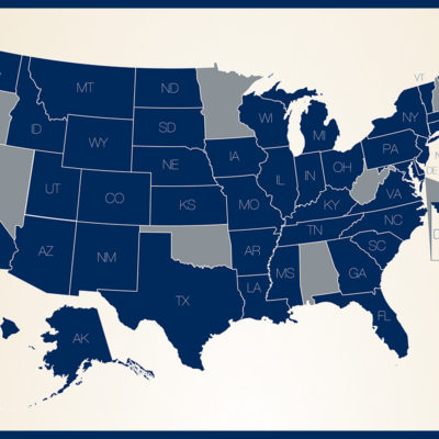 A graphic showing 43 states and DC where you can replace your Social Security Card via Online Services